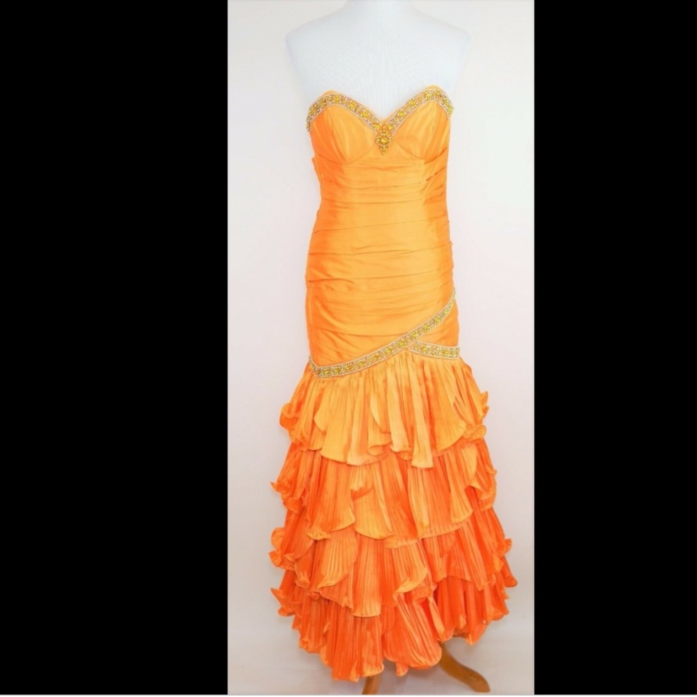 TIFFANY DESIGNS Orange Beaded strapless dress gown
